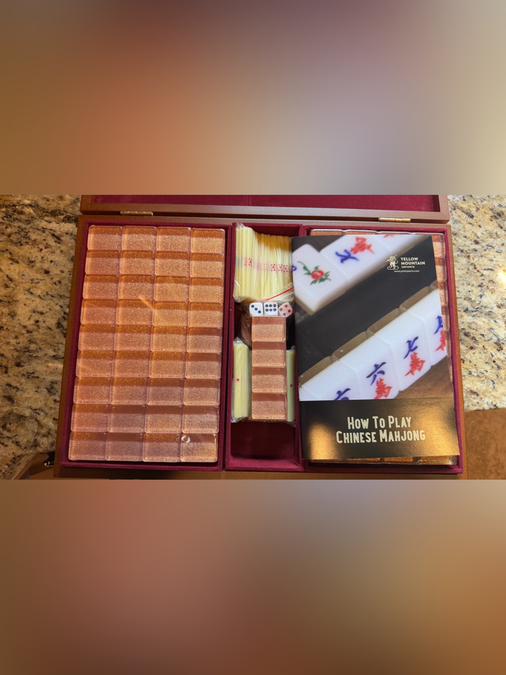Chinese Mahjong Set with Champagne Gold Tiles and Burgundy Lined Wooden Case